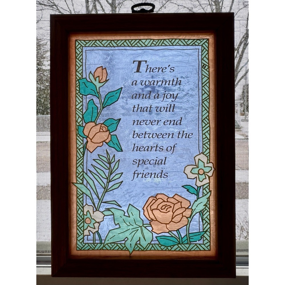 Vintage Friendship 1990s Reverse Painted Stained Glass Style Quote Floral Frame